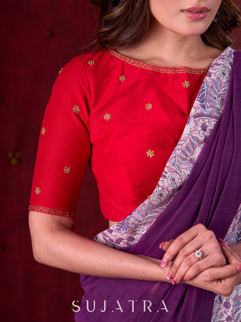 Ethereal Dual-Tone Purple Mul Cotton Saree with Floral Border, Red Tassel Highlights & Intricate Embroidered Pallu
