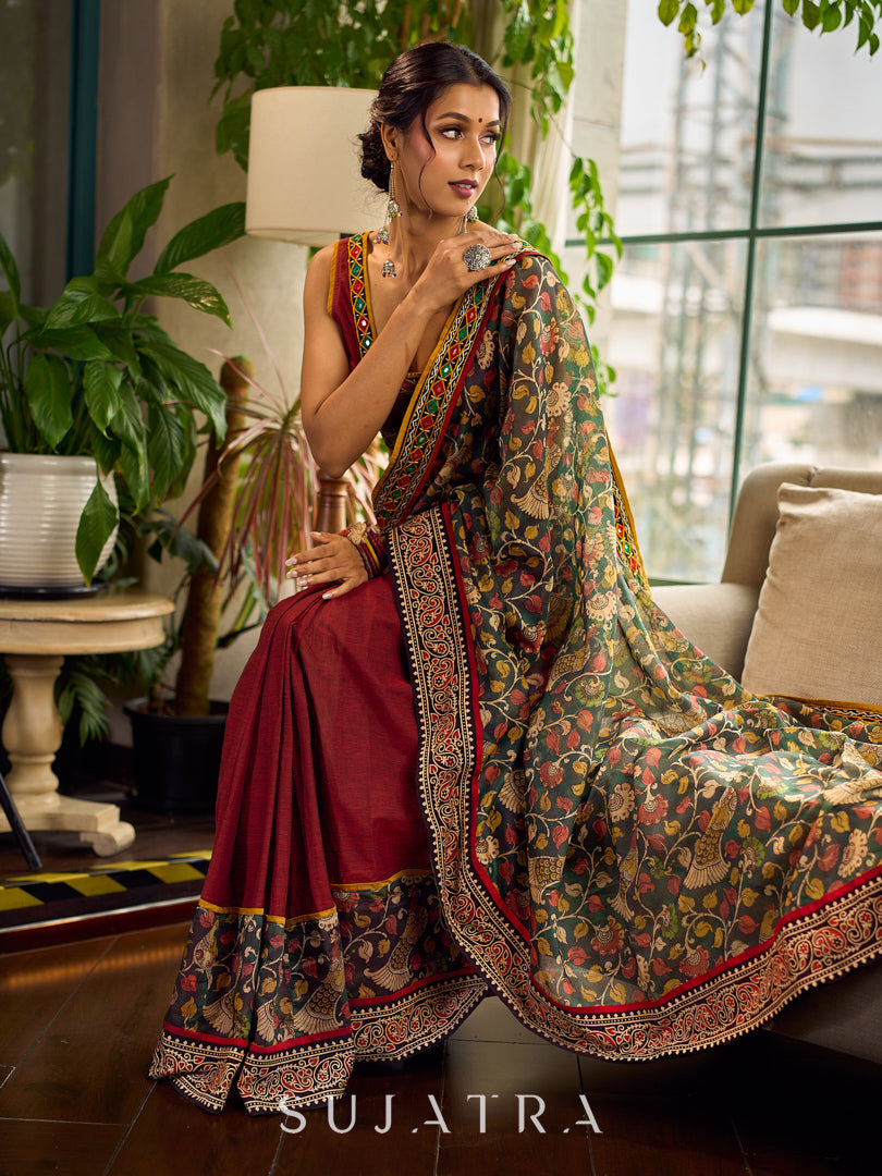 Regal Maroon Cotton Saree with Rich Kalamkari Printed Pallu with Mirror work