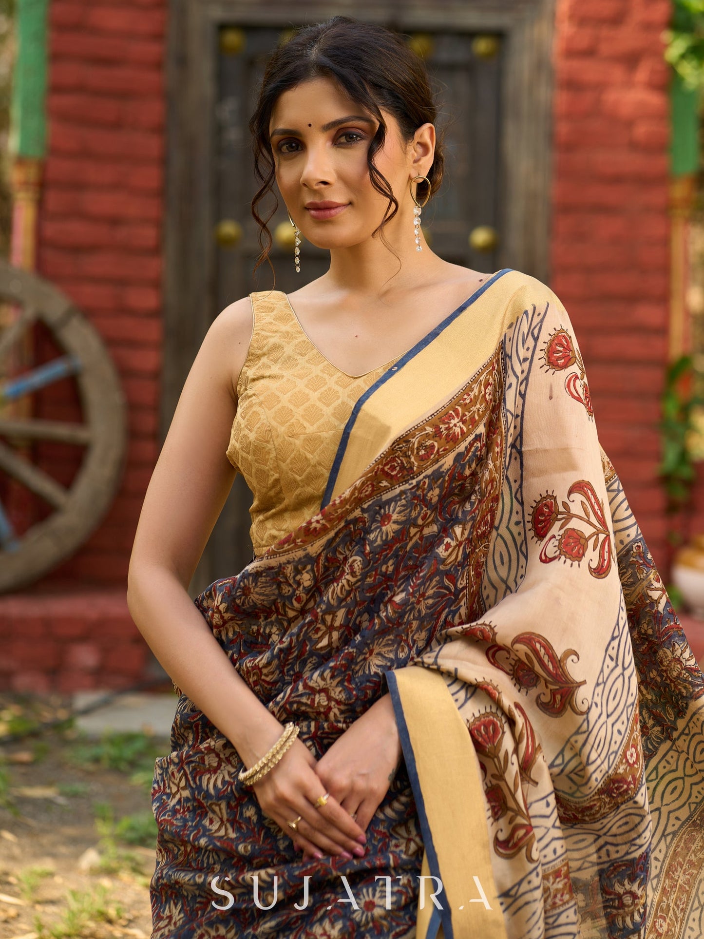 Graceful pure Chanderi saree with intricate hand block prints and contrast pallu