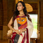 Striking white cotton saree with bold red-black borders, featuring a hand-painted Durga motif