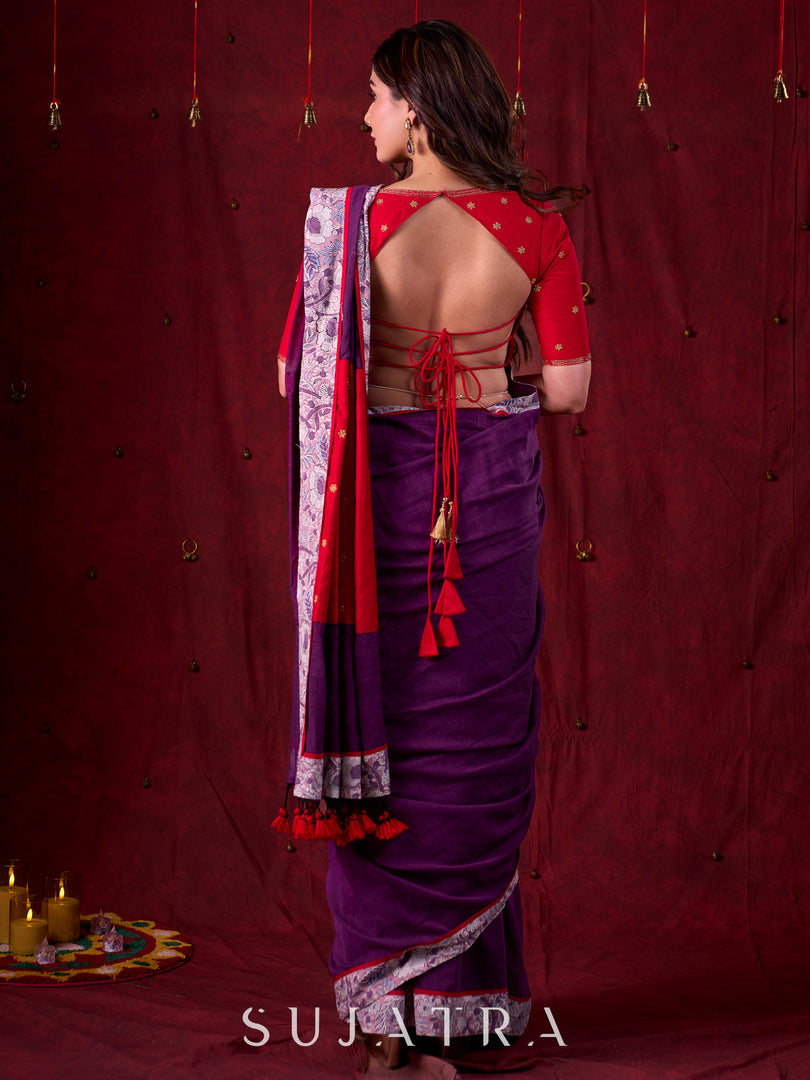 Ethereal Dual-Tone Purple Mul Cotton Saree with Floral Border, Red Tassel Highlights & Intricate Embroidered Pallu