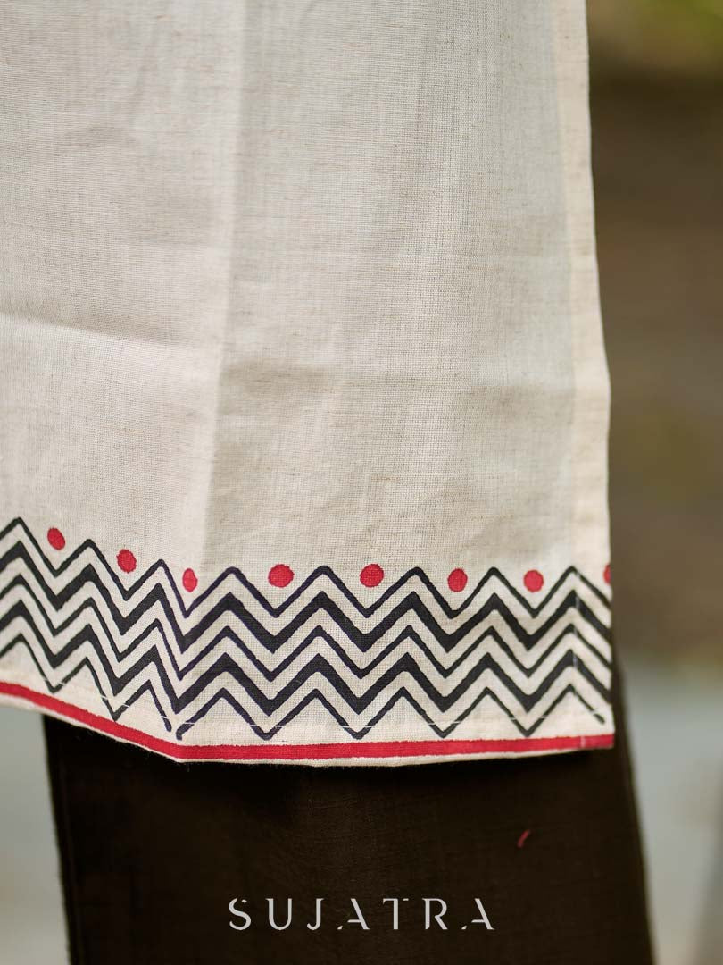 Contemporary Off-White Cotton Flex Kurta with Modern Geometric Hand Block Print