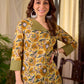 Bright Yellow Floral Print Cotton A-Line Kurta with Contrast Striped Cuff
