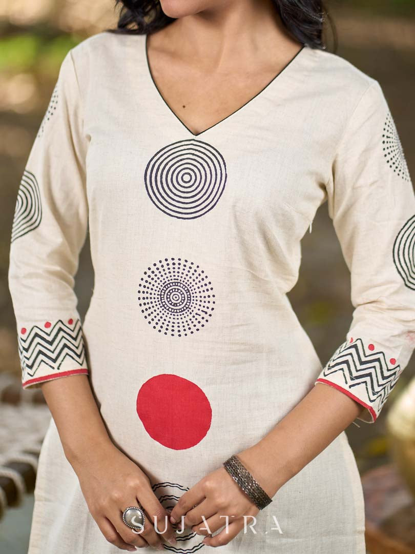 Contemporary Off-White Cotton Flex Kurta with Modern Geometric Hand Block Print