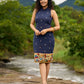 Jamdani design Blue Halter Dress with Hand-Painted Kalamkari Border - Kalamkari Jacket Additional