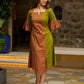 Vibrant Olive Mul Cotton Panelled A-Line Dress with Floral Hand Block Printed Panel & Flared Sleeves