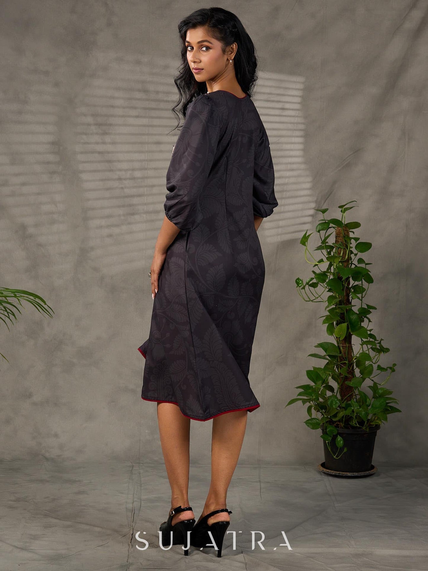 Black Kalamkari-inspired printed dress with maroon accents and pearl embellishments