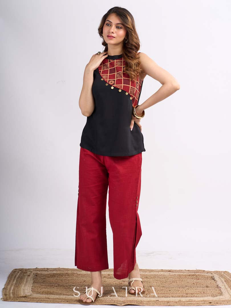 Black Ethnic Top with Asymmetric Ajrakh Panel and Coin Embellishment