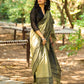 Natural Sage Green Cotton Saree with Traditional Black Hand Block Printed Border