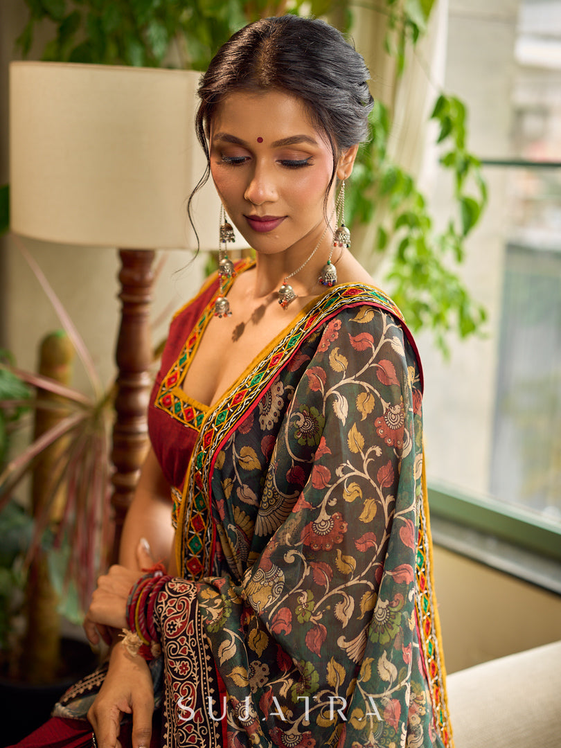 Regal Maroon Cotton Saree with Rich Kalamkari Printed Pallu with Mirror work