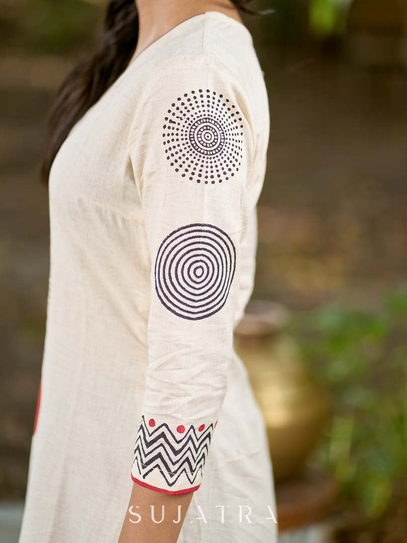 Contemporary Off-White Cotton Flex Kurta with Modern Geometric Hand Block Print