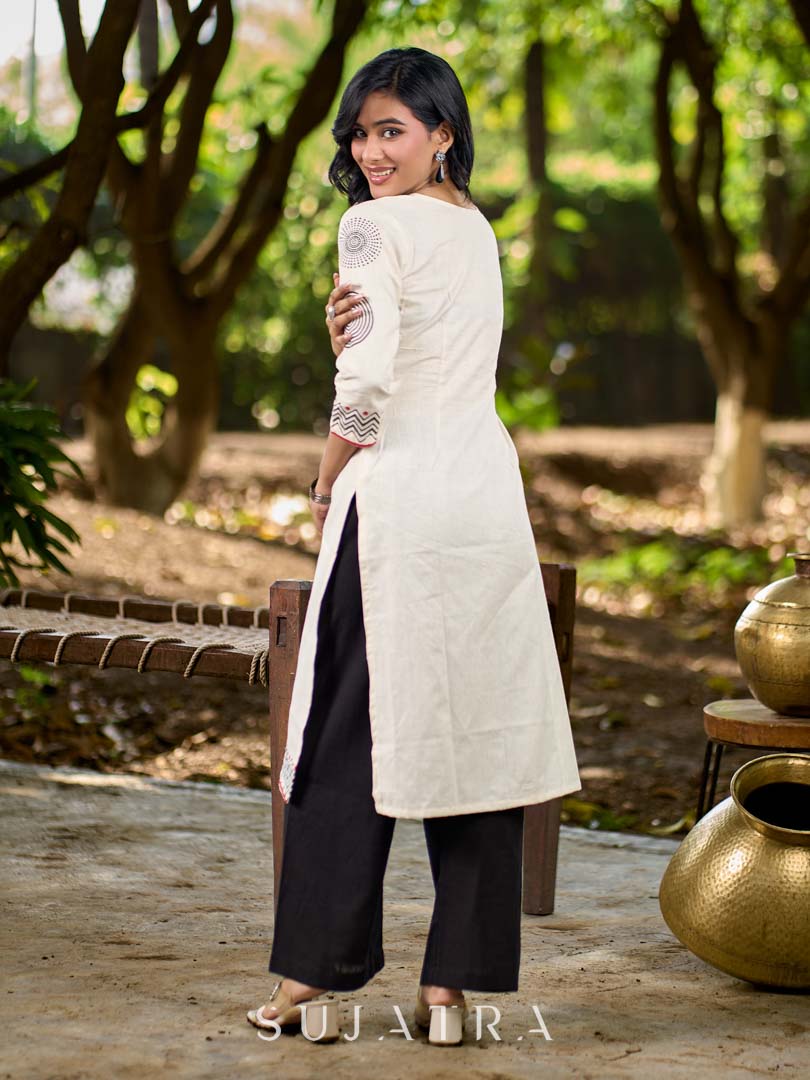Contemporary Off-White Cotton Flex Kurta with Modern Geometric Hand Block Print