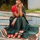 Timeless Bottle Green Georgette Saree with Contrast Red Benarasi Border & Hand Embroidered Pallu