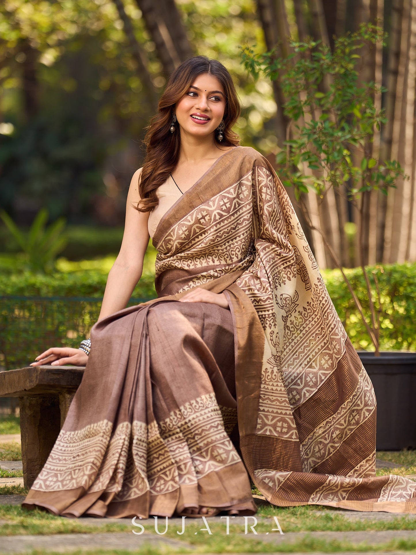 Elegant Earthy Pure Tussar Silk Block Print Saree featuring Heritage Prints and Natural Tones