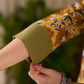 Bright Yellow Floral Print Cotton A-Line Kurta with Contrast Striped Cuff