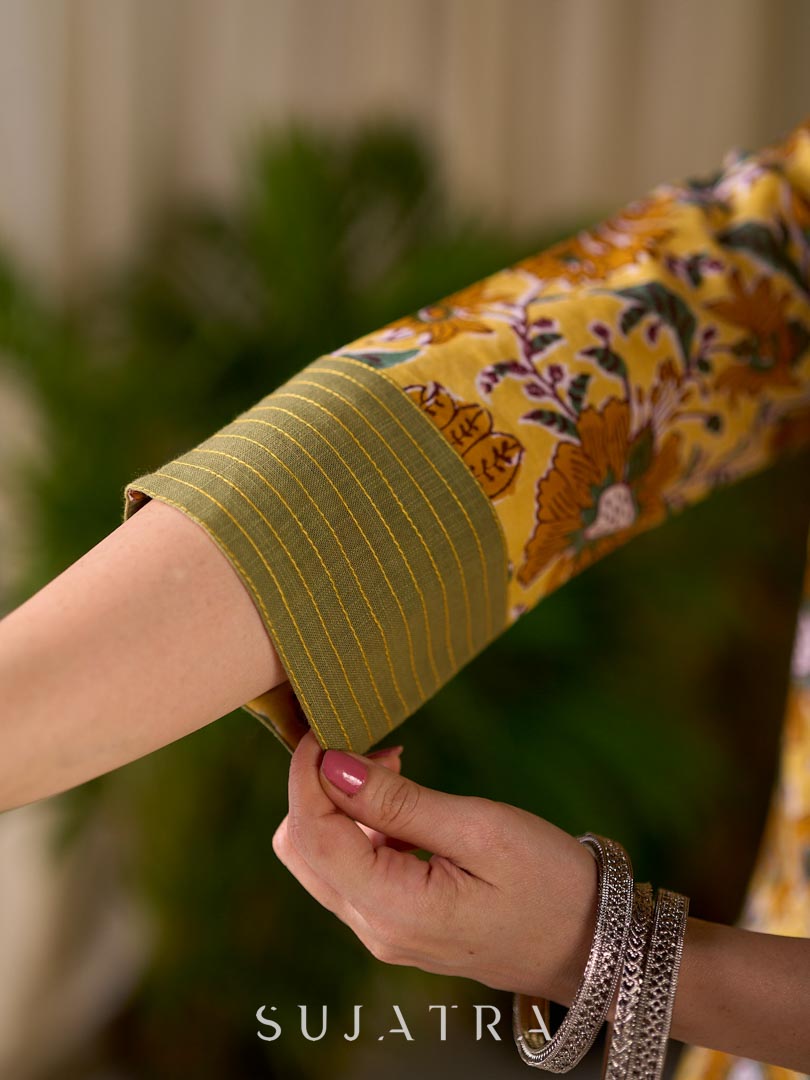 Bright Yellow Floral Print Cotton A-Line Kurta with Contrast Striped Cuff