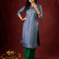 Midnight Blue Brocade Kurta with Subtle Stripes & Minimal Embellishments