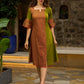 Vibrant Olive Mul Cotton Panelled A-Line Dress with Floral Hand Block Printed Panel & Flared Sleeves
