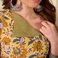 Bright Yellow Floral Print Cotton A-Line Kurta with Contrast Striped Cuff