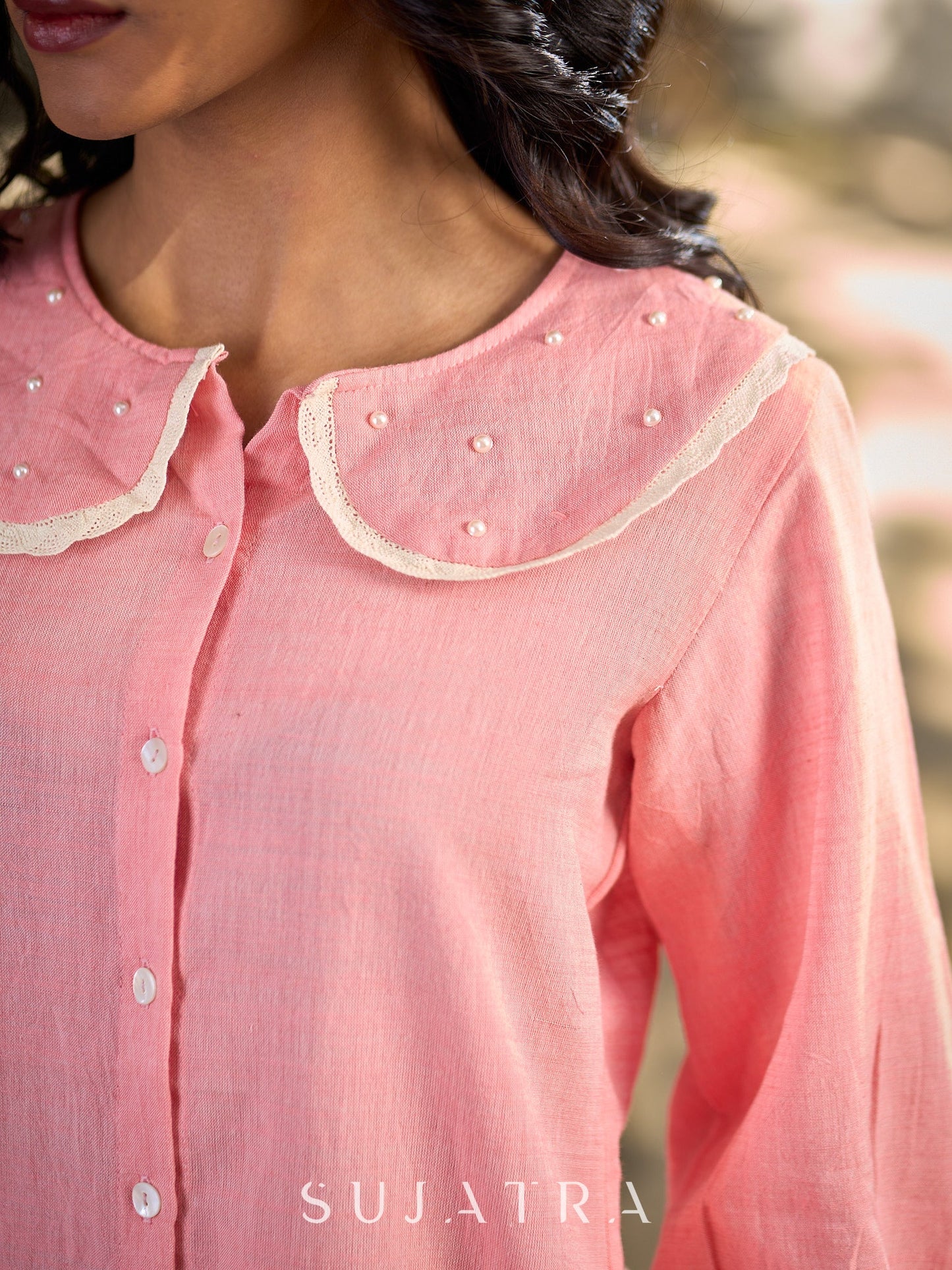 Baby Pink Shirt Featuring An Embellished Collar Detail