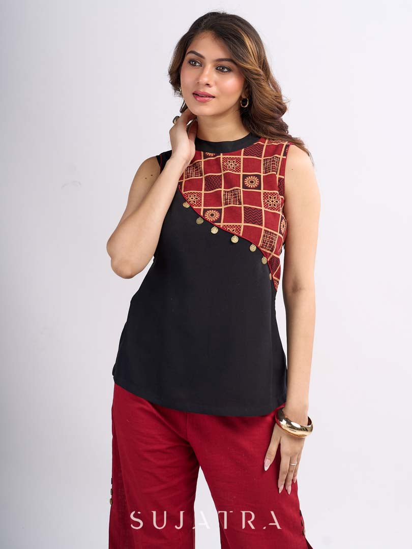 Black Ethnic Top with Asymmetric Ajrakh Panel and Coin Embellishment