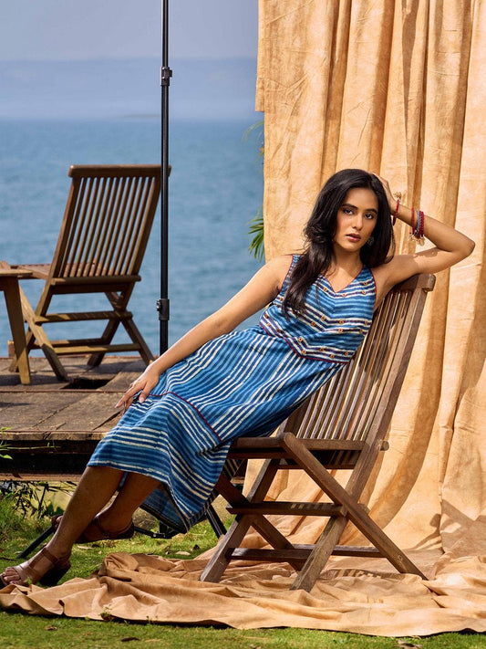 Handcrafted Indigo Cotton Dress With Red Stitch And Button Detailing