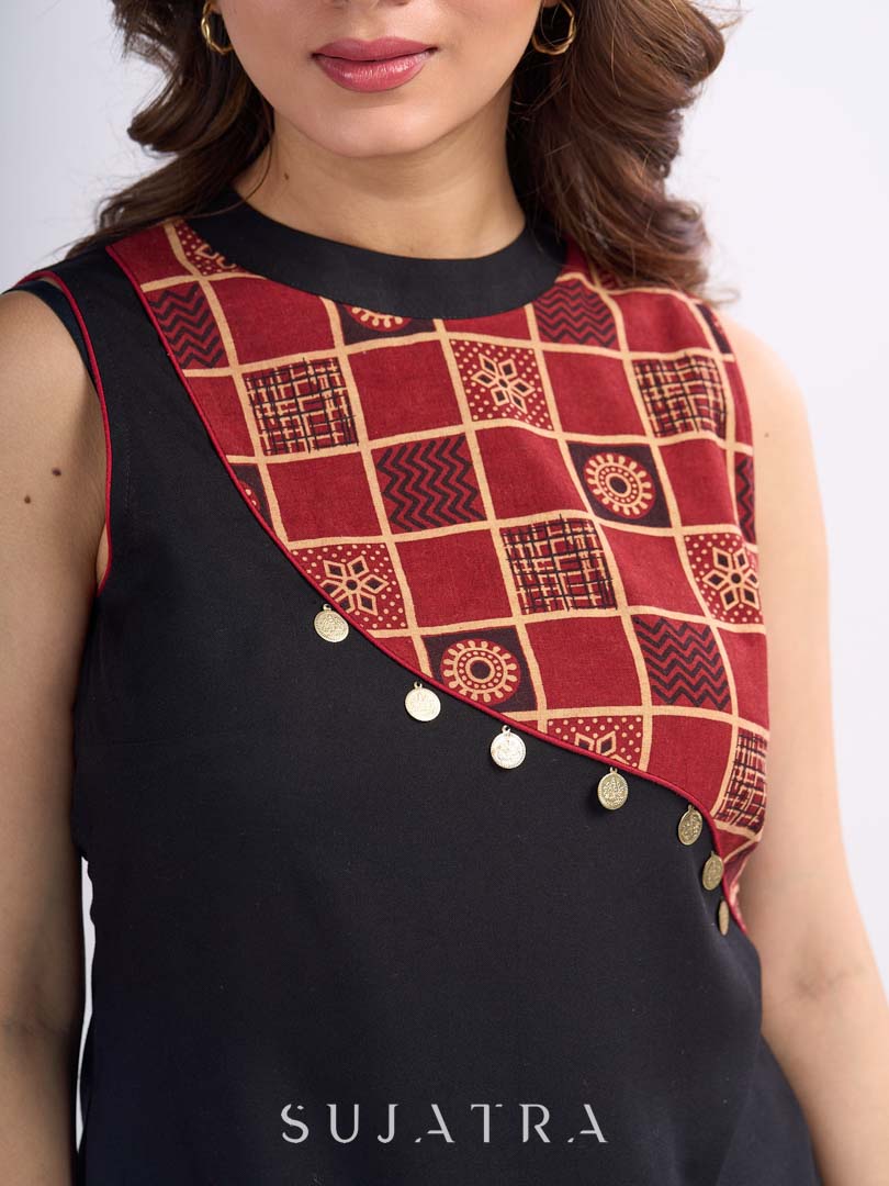 Black Ethnic Top with Asymmetric Ajrakh Panel and Coin Embellishment