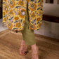 Bright Yellow Floral Print Cotton A-Line Kurta with Contrast Striped Cuff