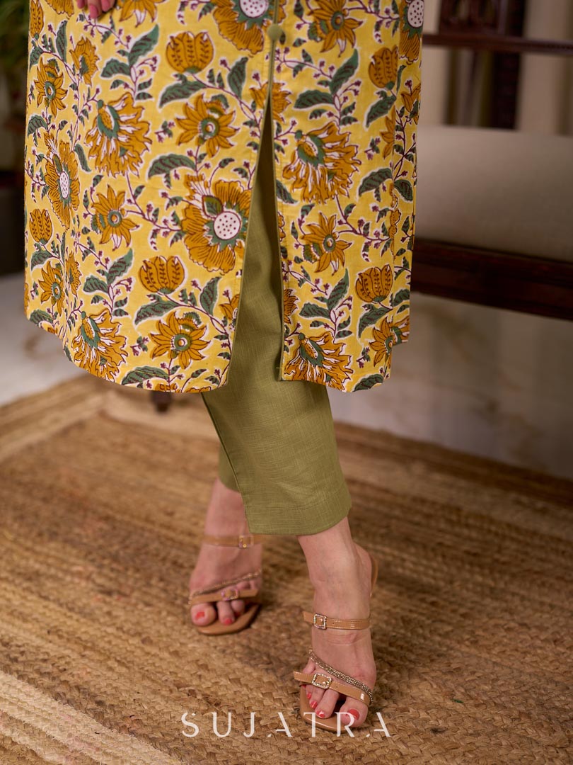 Bright Yellow Floral Print Cotton A-Line Kurta with Contrast Striped Cuff