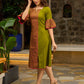 Vibrant Olive Mul Cotton Panelled A-Line Dress with Floral Hand Block Printed Panel & Flared Sleeves