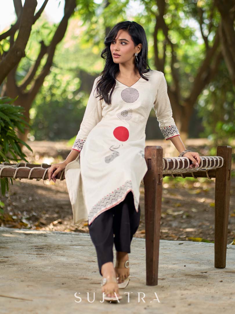 Contemporary Off-White Cotton Flex Kurta with Modern Geometric Hand Block Print