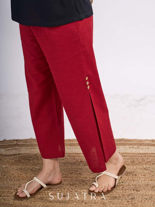 Maroon Cotton Relaxed Fit Parallel Pants with Side Pleat