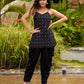 Graceful Black Silk Strappy Short Kurta Ensemble with Golden Butta - Dhoti pant Additional