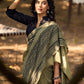 Natural Sage Green Cotton Saree with Traditional Black Hand Block Printed Border