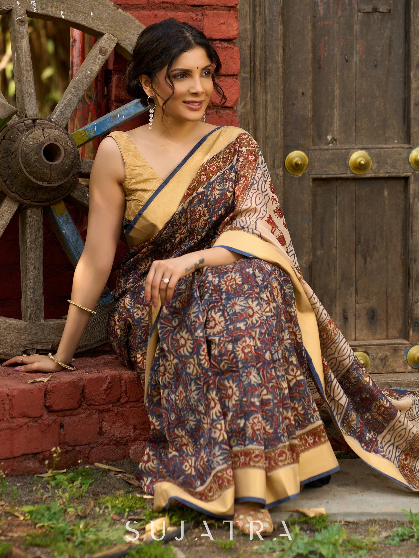 Graceful pure Chanderi saree with intricate hand block prints and contrast pallu