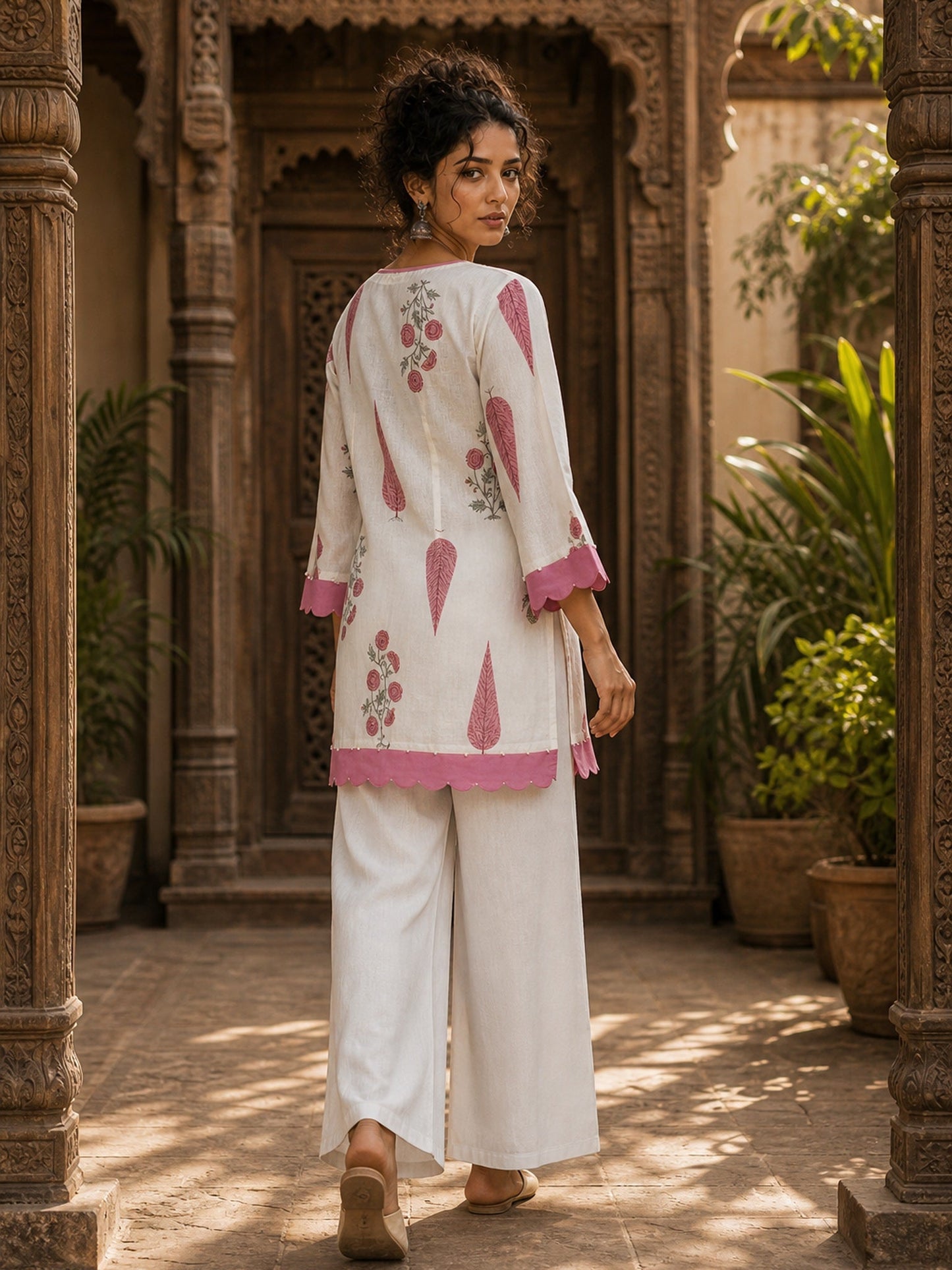 Ivory Straight Cotton Short Kurta with Pink Botanical Block Print & Contrast Scalloped Hem & Sleeve Cuffs
