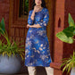 Statement royal blue printed kurta elevated with a sculpted scallop neck panel and shimmering sequins handwork