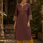 Earthy Brown Cotton Kurta with Statement Kalamkari Block Print Cuffs & Mustard Piping