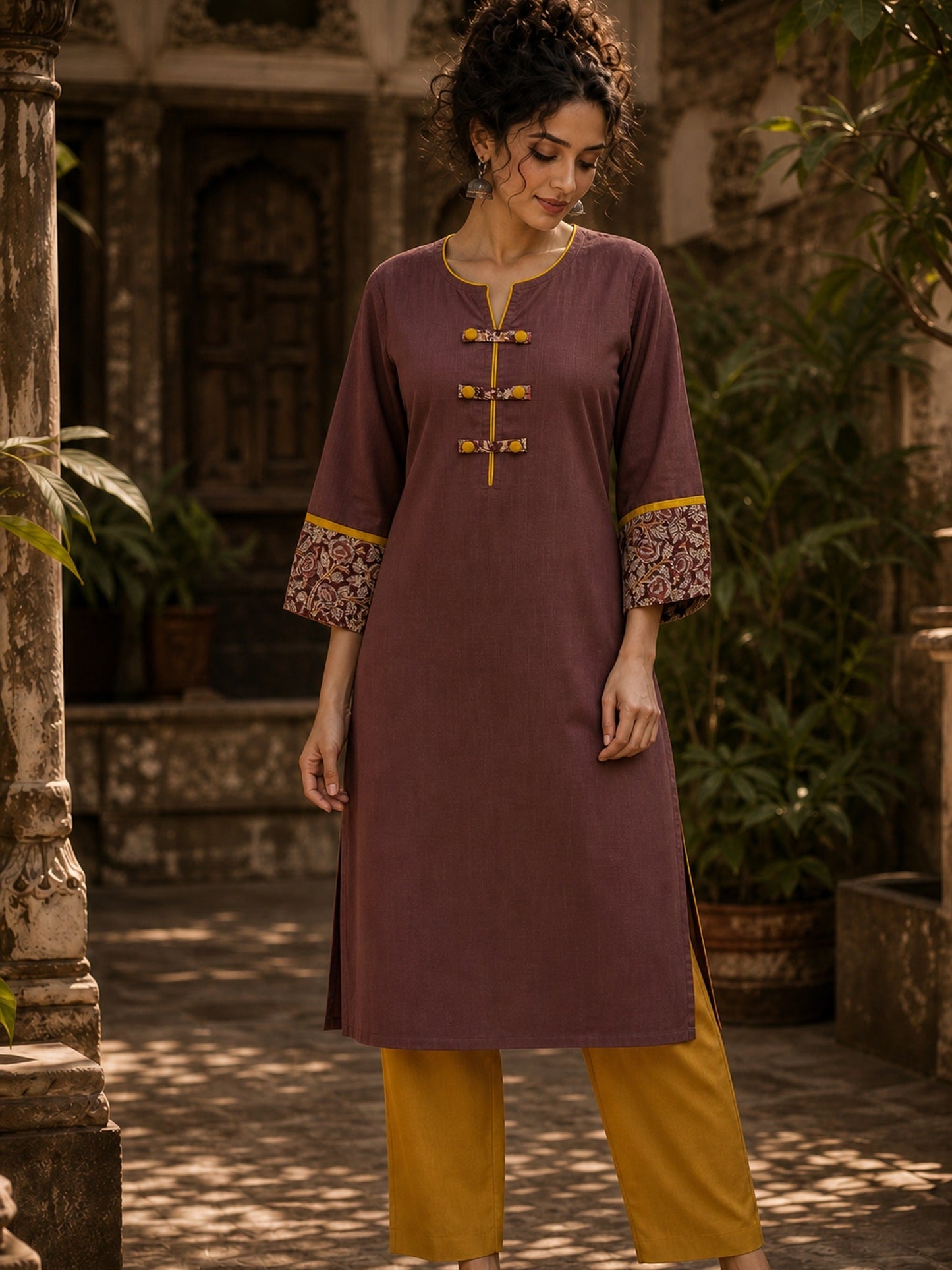 Earthy Brown Cotton Kurta with Statement Kalamkari Block Print Cuffs & Mustard Piping