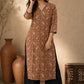 Earthy Rust Floral Printed Kurta with Classic Straight Fit and V-Neck Design