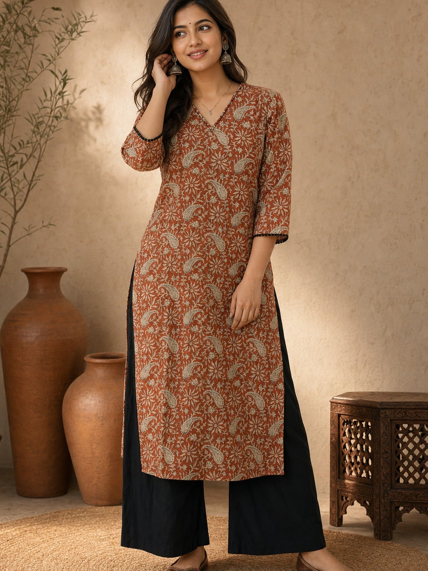 Earthy Rust Floral Printed Kurta with Classic Straight Fit and V-Neck Design