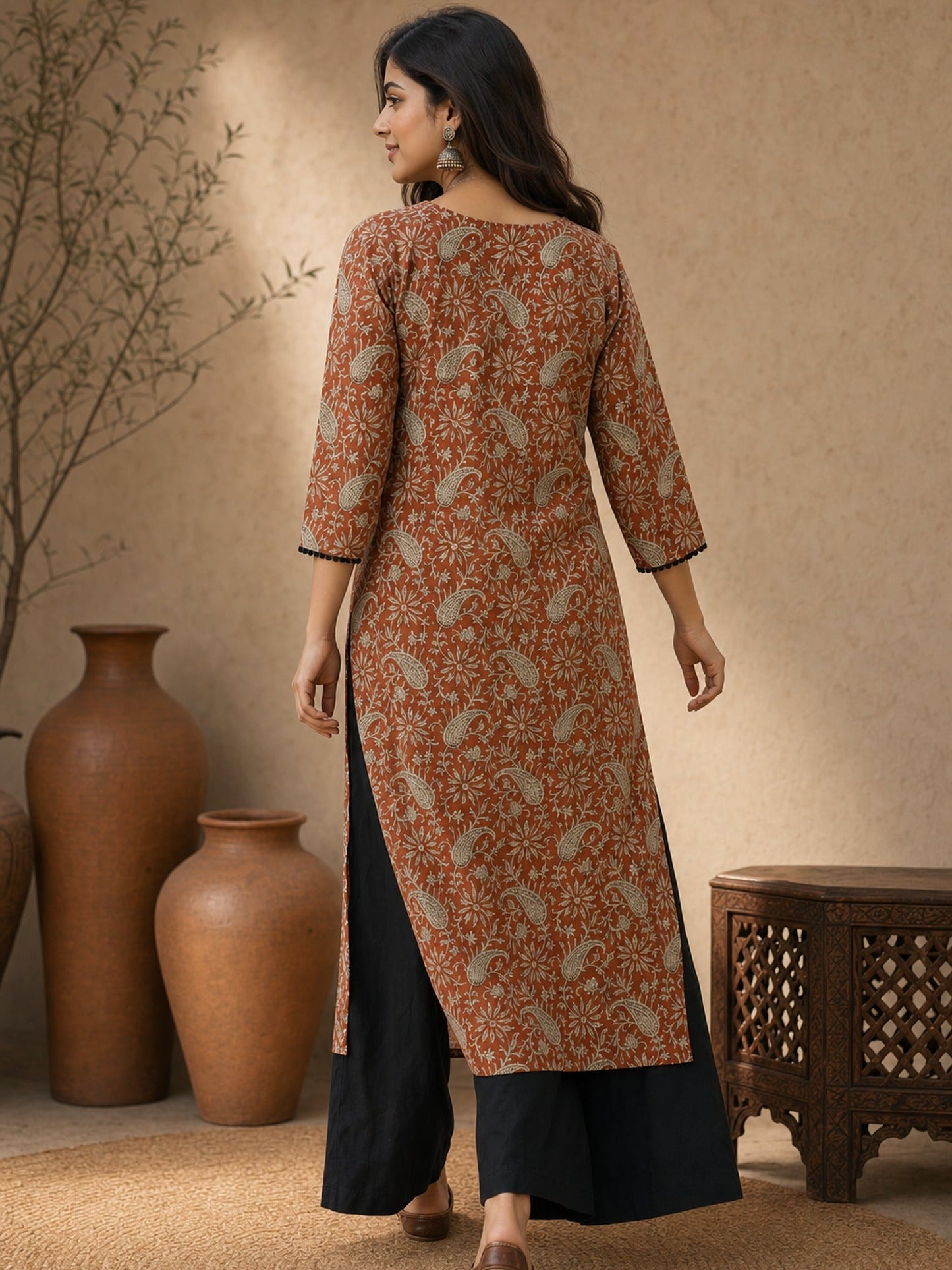 Earthy Rust Floral Printed Kurta with Classic Straight Fit and V-Neck Design
