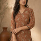 Earthy Rust Floral Printed Kurta with Classic Straight Fit and V-Neck Design