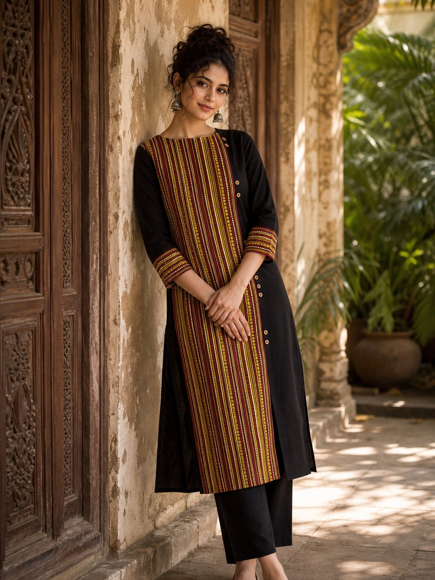 Timeless Black Cotton Kurta with Contrast Ajrakh Stripe Half Panel & Coordinated Sleeve Cuffs