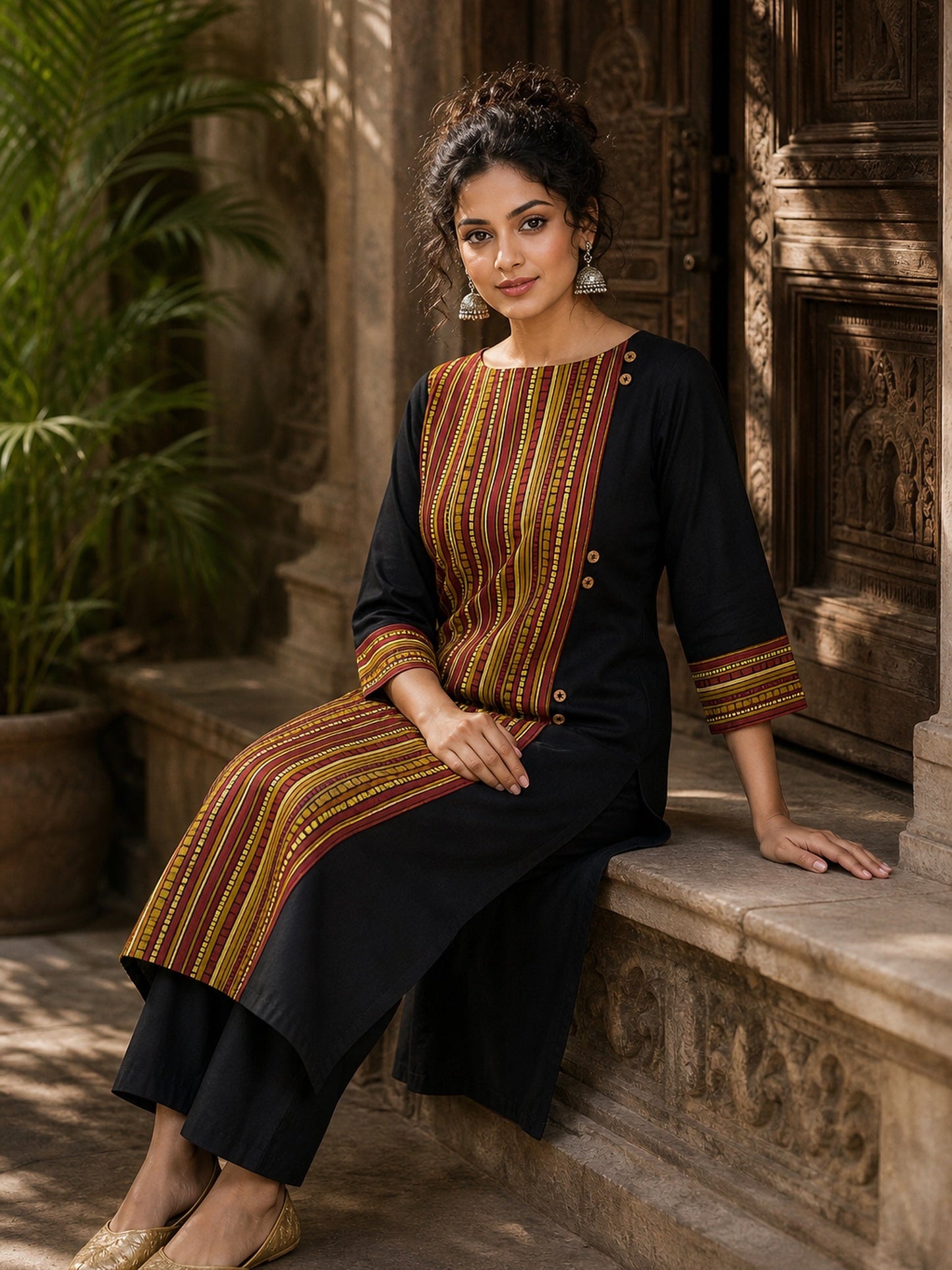 Timeless Black Cotton Kurta with Contrast Ajrakh Stripe Half Panel & Coordinated Sleeve Cuffs