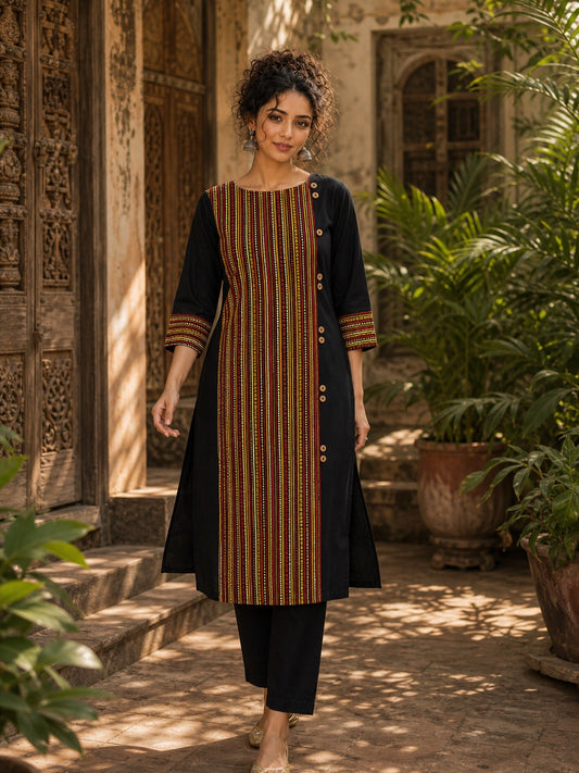 Timeless Black Cotton Kurta with Contrast Ajrakh Stripe Half Panel & Coordinated Sleeve Cuffs