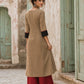 Striking Beige Cotton Kurta with Black Dotted Contrast Yoke & Embroidered Motif