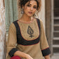 Striking Beige Cotton Kurta with Black Dotted Contrast Yoke & Embroidered Motif