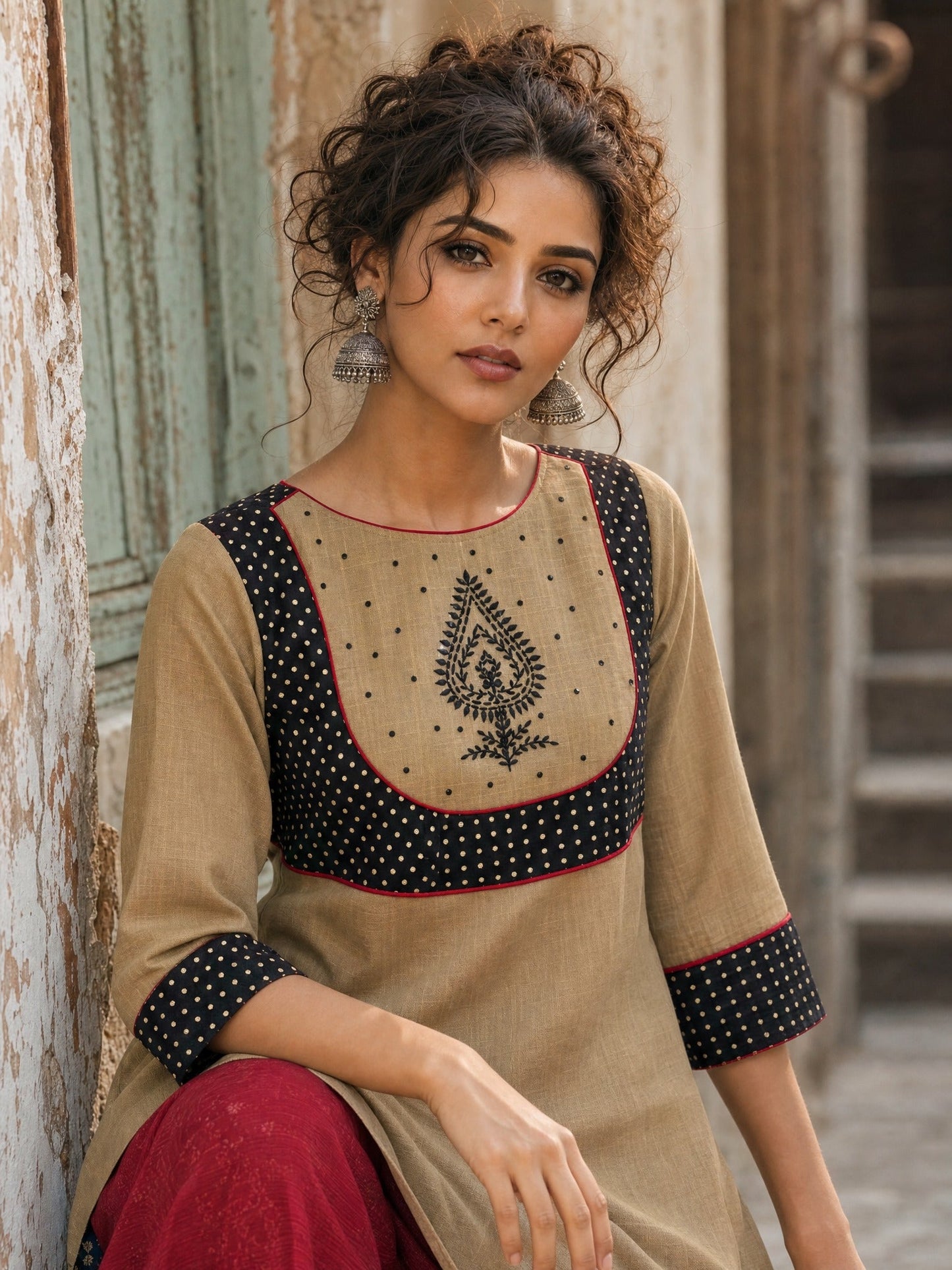 Striking Beige Cotton Kurta with Black Dotted Contrast Yoke & Embroidered Motif