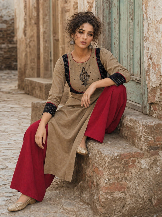 Striking Beige Cotton Kurta with Black Dotted Contrast Yoke & Embroidered Motif